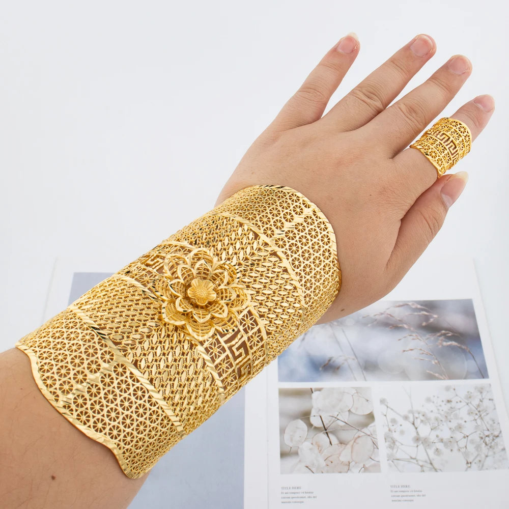 luckacco gold plated cuff bracelet with ring female dubai gold color bangles for women luxury dubai anniversary gift jewelry accessories
