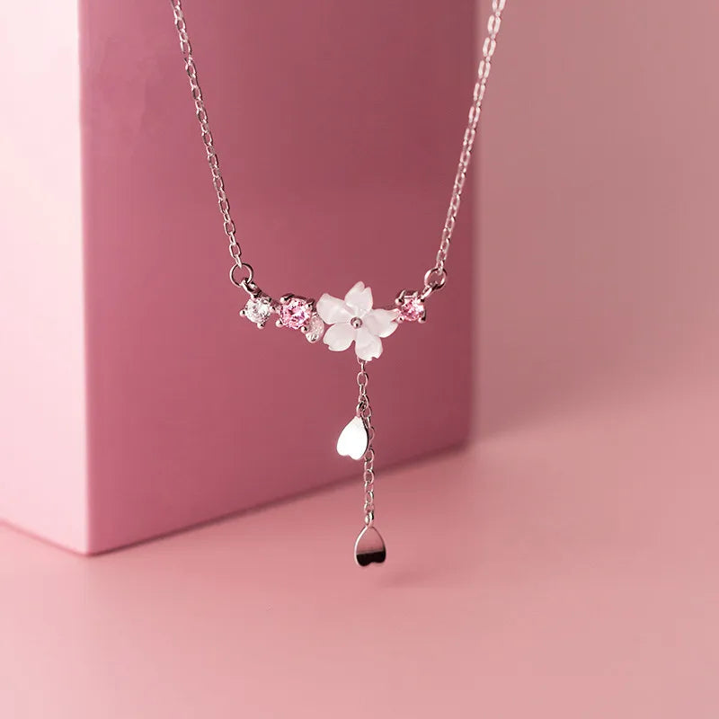 luckacco 925 sterling silver inlaid zircon necklaces for women romantic cherry blossom pendant clavicle chain choker jewelry