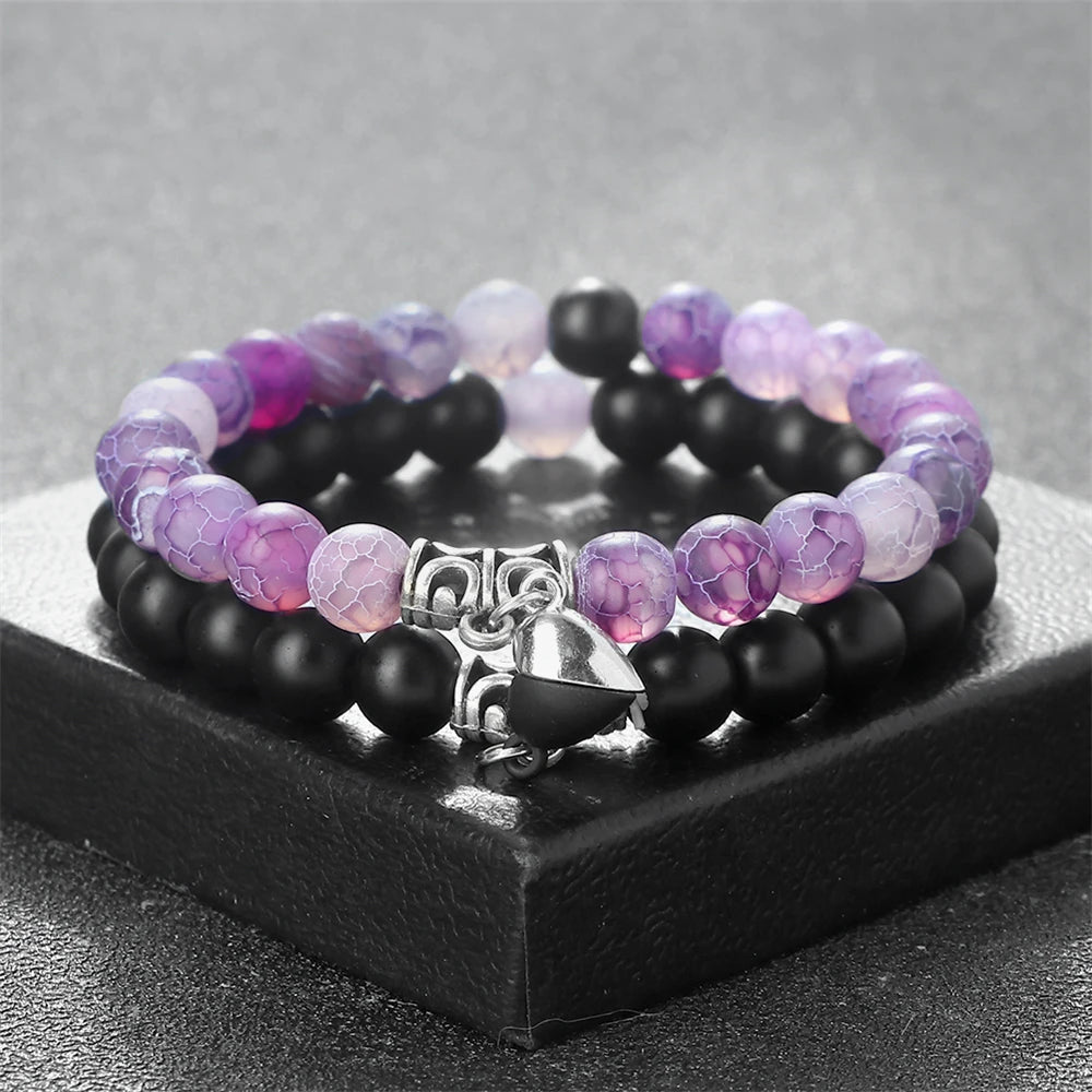 luckacco 2pcs/set natural stone beaded bracelet for lovers distance heart magnet buckle couple bracelets friendship fashion jewelry gifts