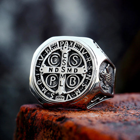 Luckacco Vintage Exorcism Saint Benedict Cspb Cross Ring Men Punk Amulet Christianity Rings Stainless Steel Jewelry Gift