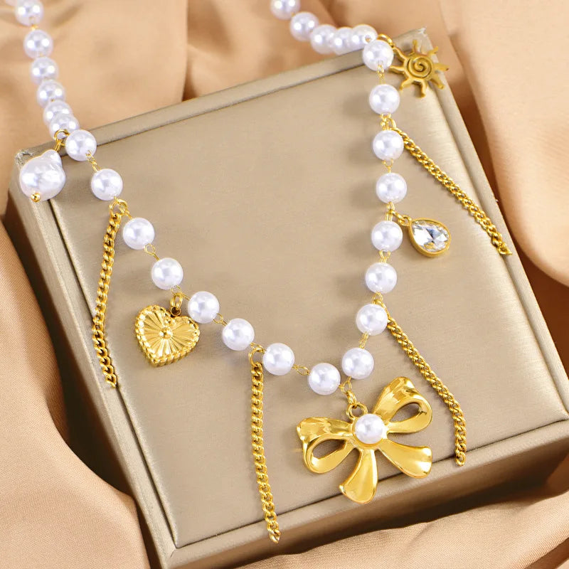 luckacco stainless steel handmade pearl chain bowknot pendant necklace for women new trend tassel choker jewelry gift birthday party