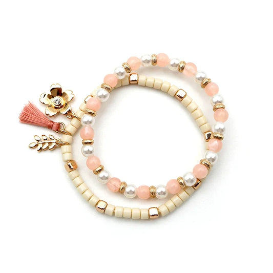 Luckacco Beaded Cute Bracelets Set For Women Pink Cream Tassel Leaf Flower Sweet Romantic Stretch Trendy Fashion Jewelry Gifts 2021113