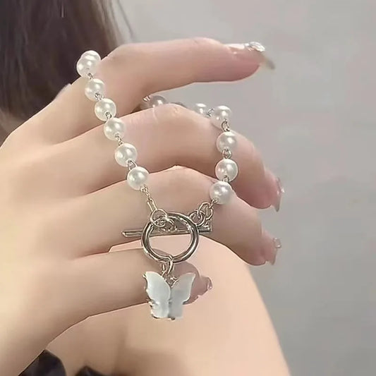 Luckacco Pulseras Fashion Butterfly Pearl Pendant Bracelet Ladies Girl Trend Charm Bracelet Festive Friendship Birthday Jewelry Bracelets