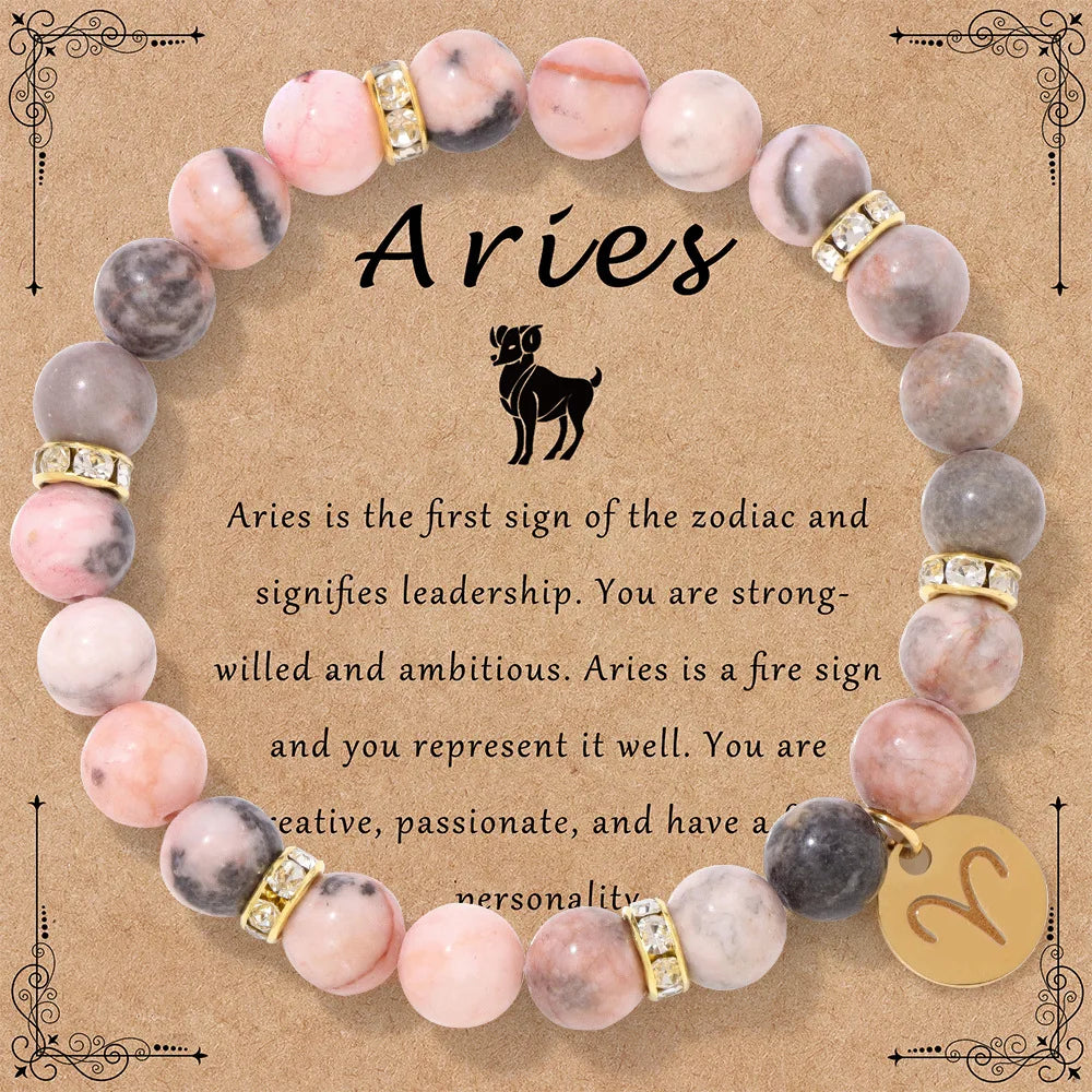 luckacco mhs.sun 12 star zodiac sign pink zebra stone beaded bracelets constellation fashion birthday party jewelry for women men