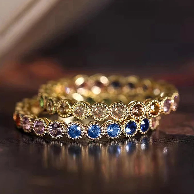 luckacco daily picks colorful rainbow cubic zircon promise rings for women gold color luxury trendy wedding accessories statement girl jewelry