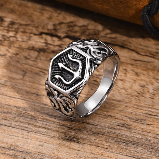 Luckacco 13.3mm Poseidon Trident Ring for Men Ancient Greek New Stainless Steel Amulet Ring Jewelry Gift