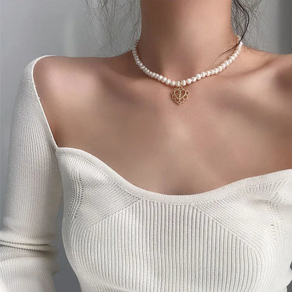 Luckacco Y2k Bowknot Pearl Necklace For Women Elegant Korean Style Rhinestone Heart Pendant Necklace Fashion Wedding Party Jewelry Gift
