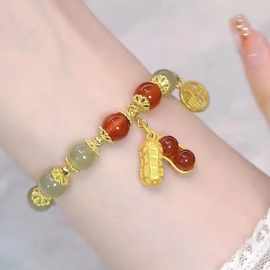 Luckacco LATS Green Glass Imitation Opal Bracelet for Women Exquisite Gold Color Leaves Wrist Strap Bangle Chain Bracelets Girls Gifts