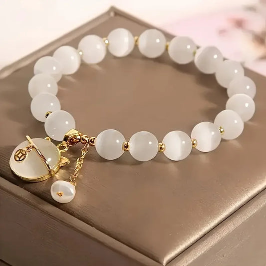 Luckacco Elegant Cat Pendant Opal Beaded Bracelet for Women Cute Handmade Beads Versatile Party Jewelry Grils Perfect Gift