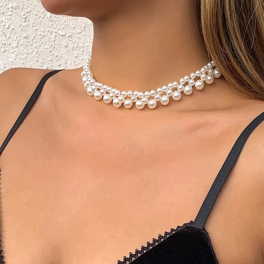 Luckacco Multi-Layer White Imitation Pearl Necklace Bead  Chain Punk Ladies Wedding Short Clavicle Necklac Girl Charm Banquet Jewelry