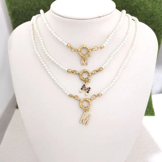 Luckacco QMHJE Initial Charm Letters Imitation Pearl Necklace Women Men Choker Stainless Steel Clasp Sailor Buckle 42cm Small Alphabet
