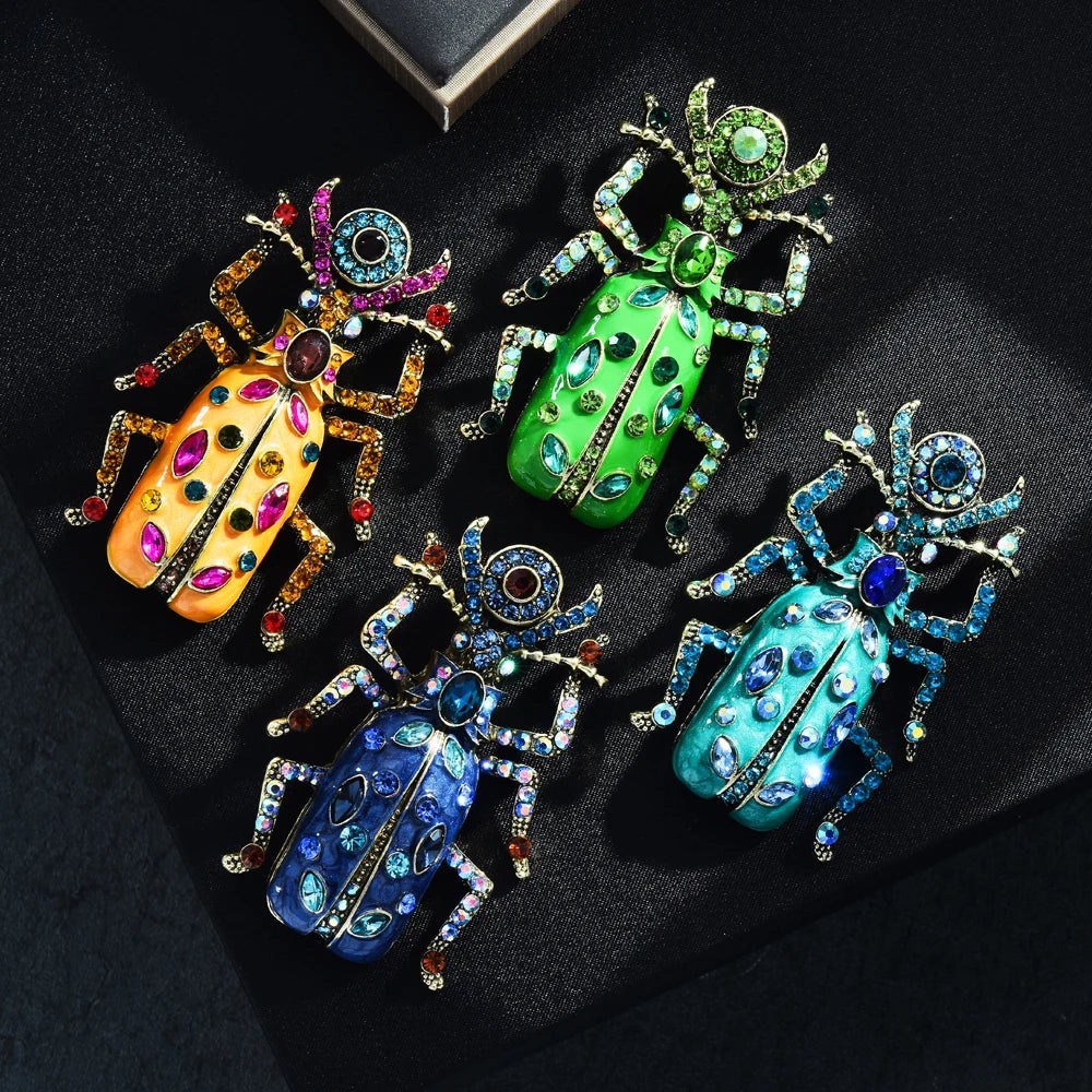 luckacco big crystal beetle with big coin eye enamel insect brooch 4 colors