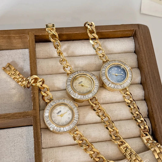 Luckacco Women's Watches 2025 Luxury Elegant Ladies Wrist Watch Gold Rhinestone Quartz Wristwatch Vintage Female Small Clock reloj mujer
