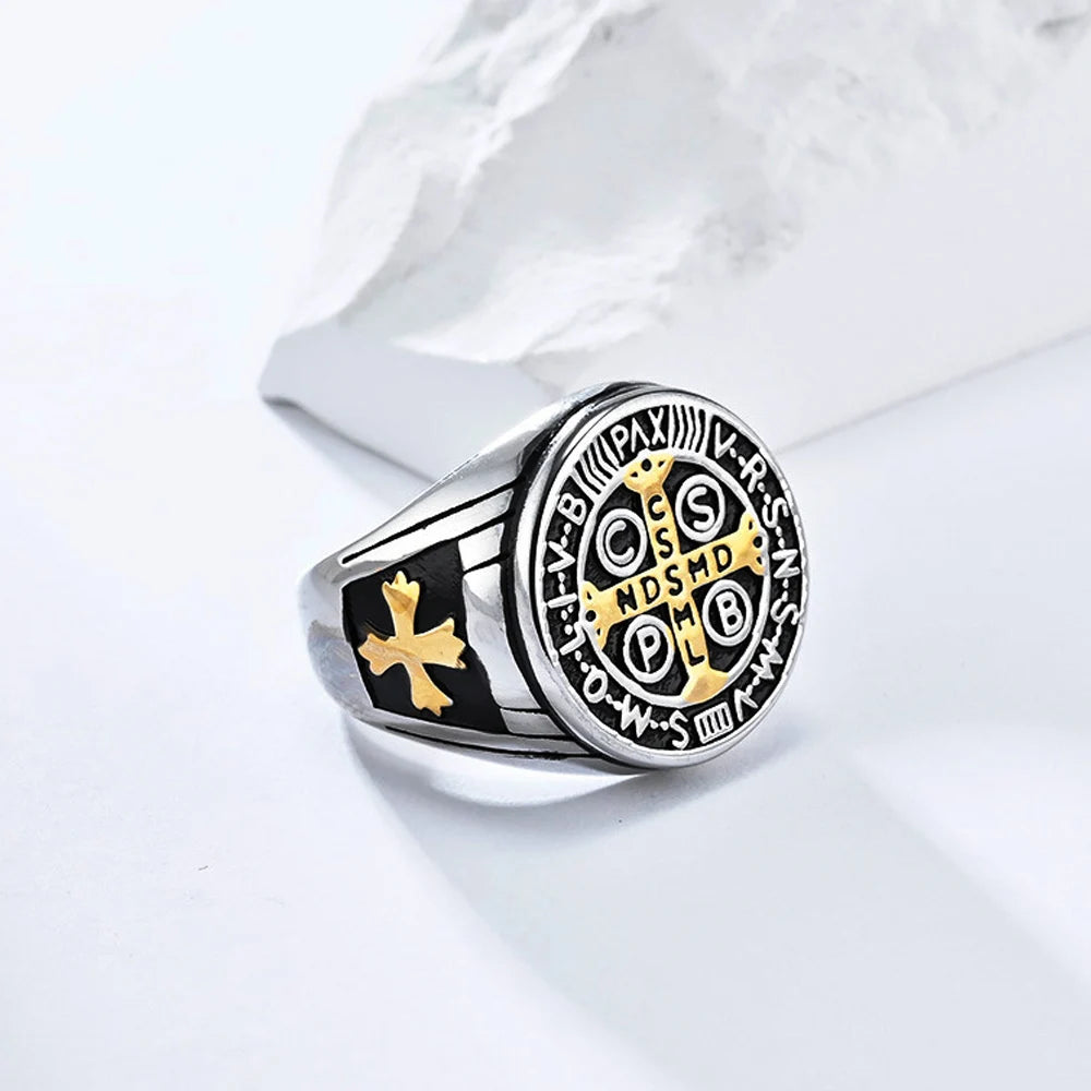 luckacco vintage exorcism saint benedict cspb cross ring men punk amulet christianity rings stainless steel jewelry gift
