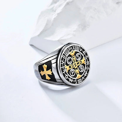 Luckacco Vintage Exorcism Saint Benedict Cspb Cross Ring Men Punk Amulet Christianity Rings Stainless Steel Jewelry Gift