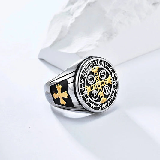 Luckacco Vintage Exorcism Saint Benedict Cspb Cross Ring Men Punk Amulet Christianity Rings Stainless Steel Jewelry Gift