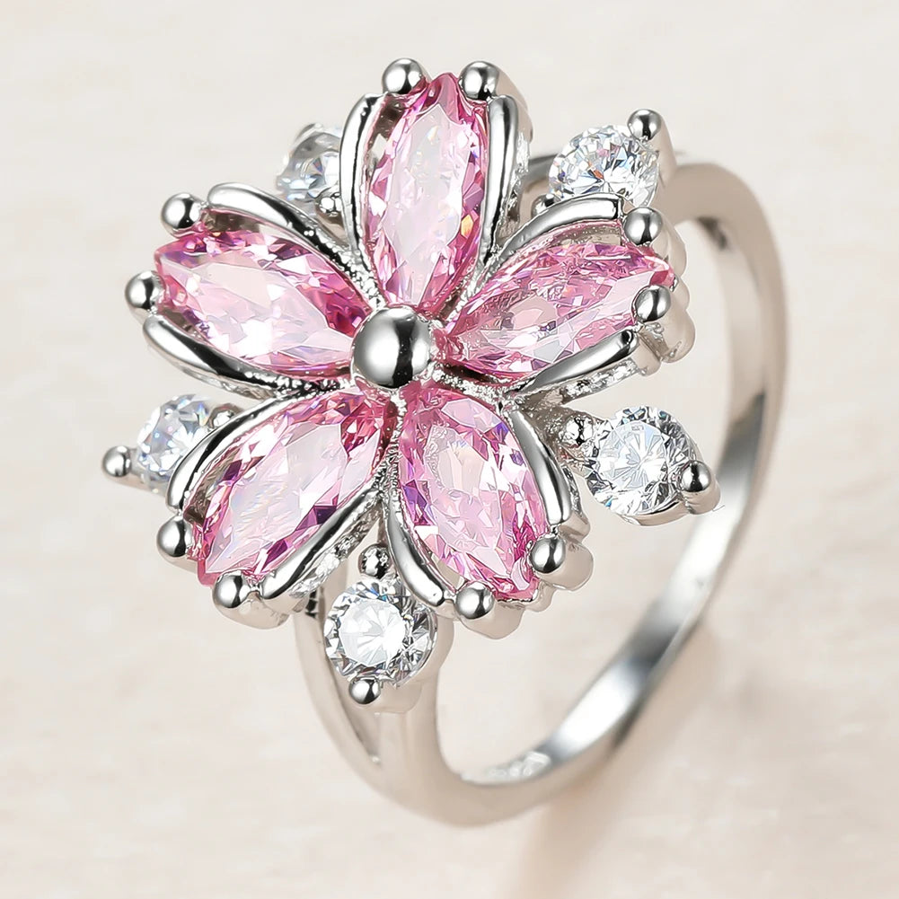 luckacco cute female pink crystal stone ring charm silver color thin wedding rings for women dainty bride flower zircon engagement ring