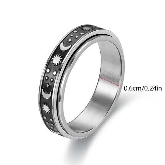 Luckacco Vintage Stainless Steel Sun Moon Star Rotating Spinning Wedding Promise Anniversary Statement Band Ring Jewelry
