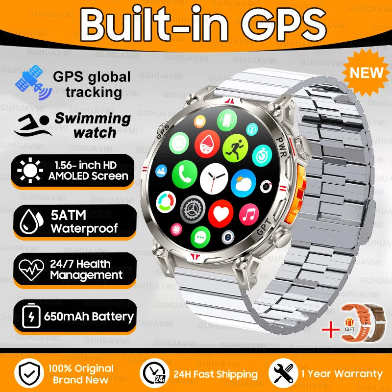 luckacco 2025new military gps sports smartwatch men 1.56" amoled screen compass altimeter 5atm waterproof 560mah wireless call smartwatch
