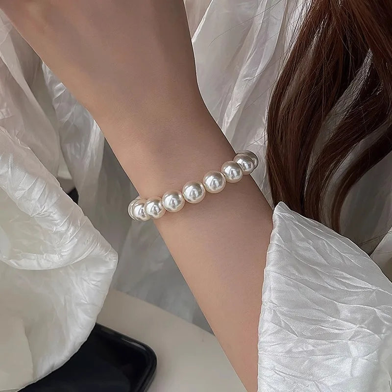 luckacco 4mm-10mm french retro simple white pearl elastic bracelet women's hand bracelets birthday party gift fashion jewelry