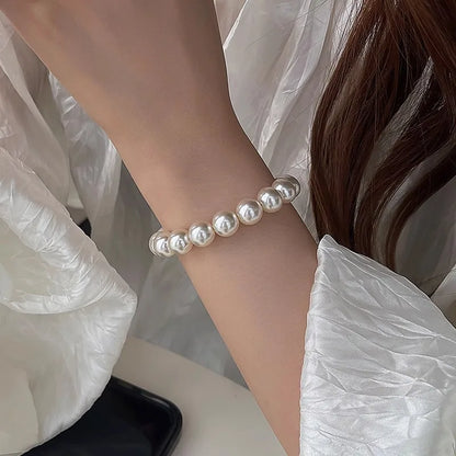 Luckacco 4MM-10MM French Retro Simple White Pearl Elastic Bracelet Women's Hand Bracelets Birthday Party Gift Fashion Jewelry