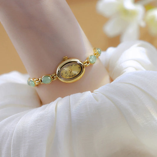 Luckacco 2025 Women quartz Watch Luxury Brand Retro Natural Dongling Stone Hotan Jade Waterproof Ladies Advanced Chain Wristwatches gift