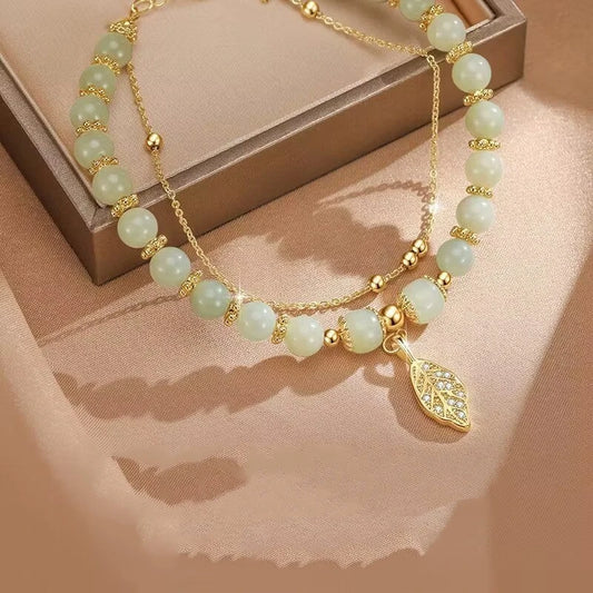 Luckacco LATS Green Glass Imitation Opal Bracelet for Women Exquisite Gold Color Leaves Wrist Strap Bangle Chain Bracelets Girls Gifts