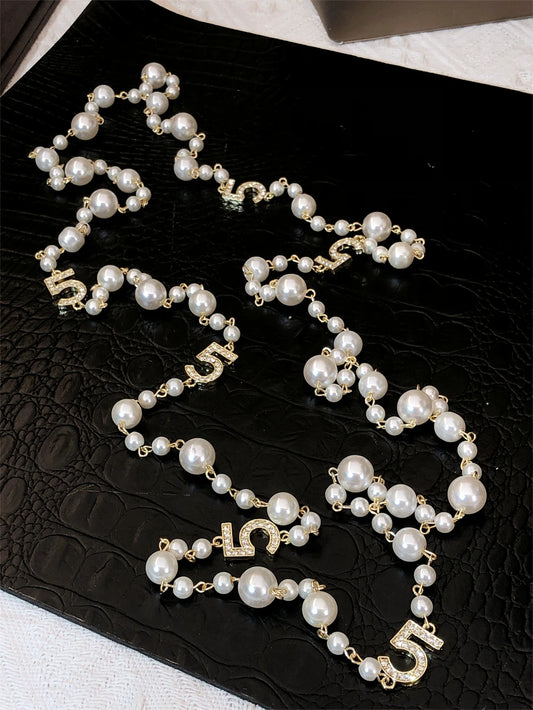 Luckacco Long Pearl Letter Multi layered Tassel Sweater Chain Necklace Jewelry For Women