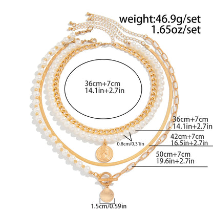 Luckacco Boho Gold Color Metal Round Pendant Necklace 2025 Women's Multi Layer Sweet Imitation Pearl Snake Chain Girls Fashion Jewelry