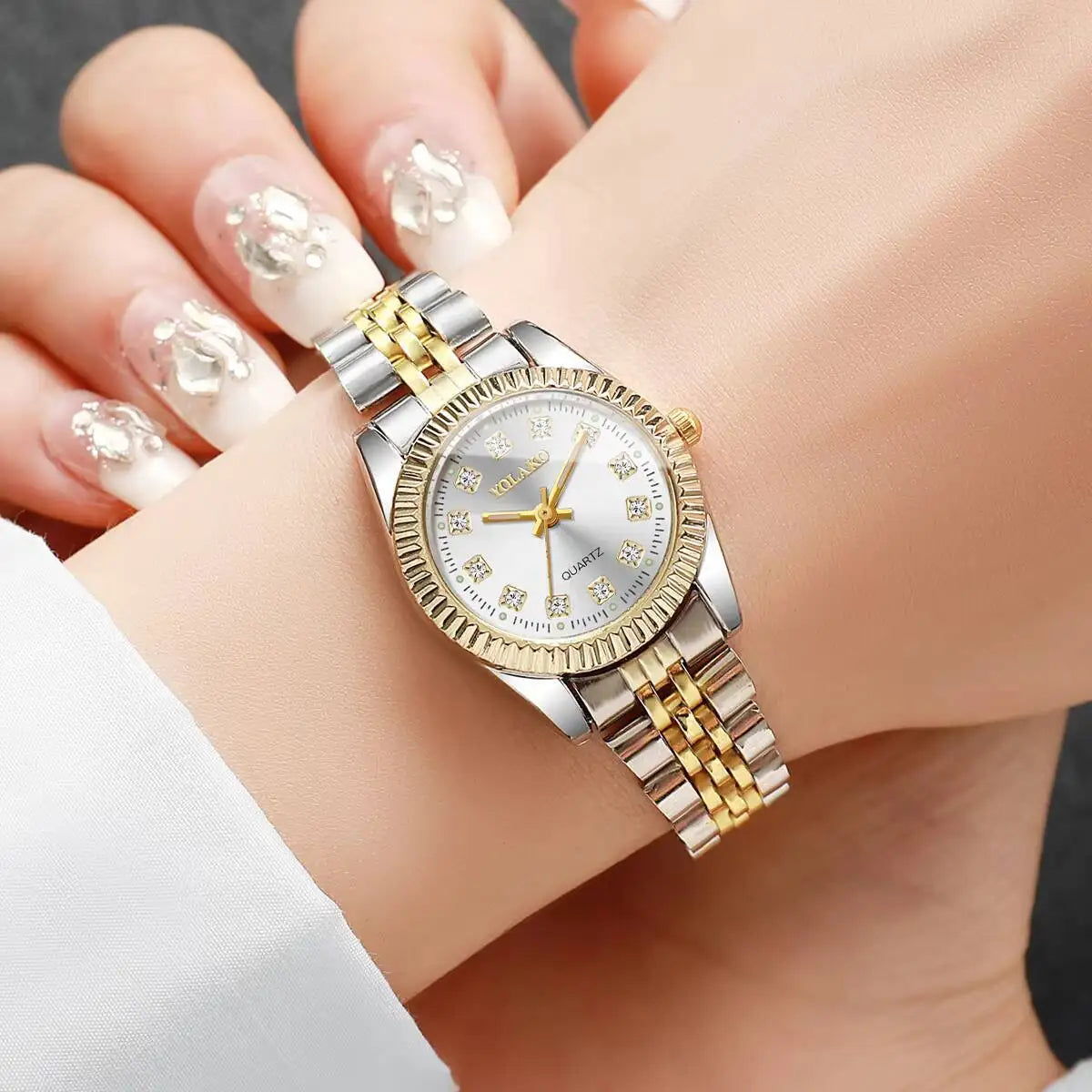 luckacco luxury rhinestone women watches stainless steel band quartz wristwatch clock gift reloj mujer（without box）