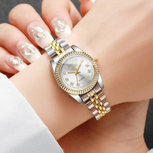 Luckacco Luxury Rhinestone Women Watches Stainless Steel Band Quartz Wristwatch Clock Gift Reloj Mujer（Without Box）