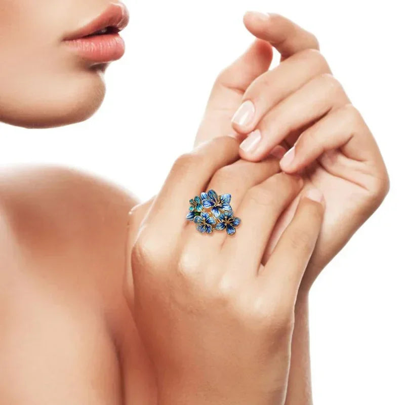 luckacco vintage blue enamel flower with cubic zirconia ring for women elegant fashion temperament jewellery holiday delicate gifts