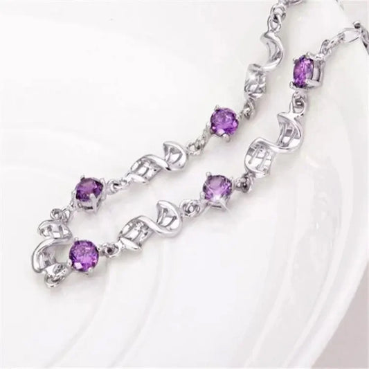 Luckacco NEW fine 925 Sterling Silver Purple crystal Lucky Clover Bracelets for women fashion party wedding accessories Jewelry 17CM+4CM