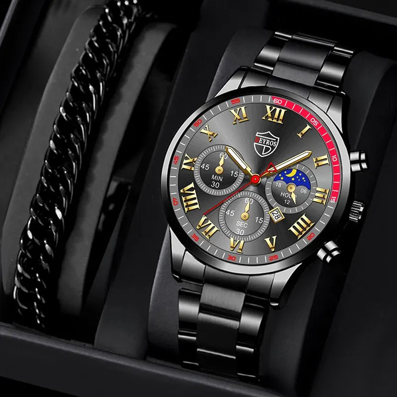 luckacco 2pcs fashion mens calendar watches luxury male stainless steel quartz wristwatch luminous clock men bracelet wrist watch