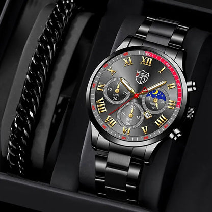 Luckacco 2PCS Fashion Mens Calendar Watches Luxury Male Stainless Steel Quartz Wristwatch Luminous Clock Men Bracelet Wrist Watch