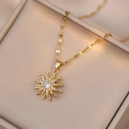 Luckacco Rotating Flower Pendant Stainless Steel Chains Necklaces For Women Antique Silver Color Ins White Zircon Sun Clavicle Necklace