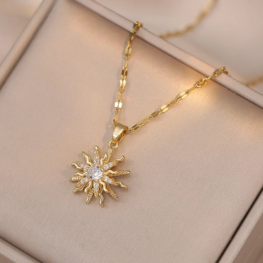 Luckacco Rotating Flower Pendant Stainless Steel Chains Necklaces For Women Antique Silver Color Ins White Zircon Sun Clavicle Necklace