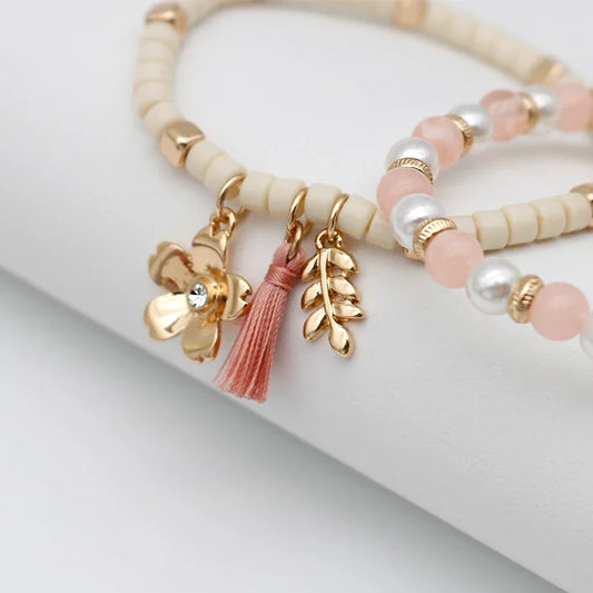 Luckacco Beaded Cute Bracelets Set For Women Pink Cream Tassel Leaf Flower Sweet Romantic Stretch Trendy Fashion Jewelry Gifts 2021113