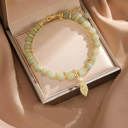 Luckacco LATS Green Glass Imitation Opal Bracelet for Women Exquisite Gold Color Leaves Wrist Strap Bangle Chain Bracelets Girls Gifts