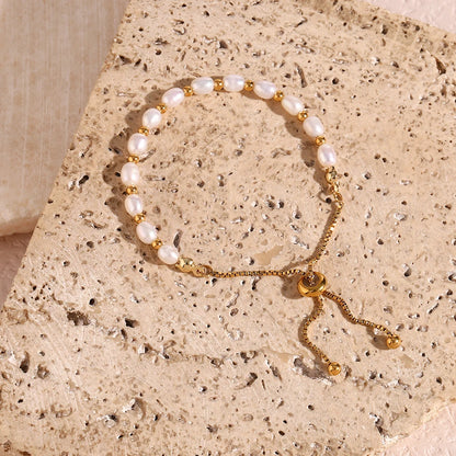 Luckacco E.B.belle Gold Color Beads Freshwater Pearls Mixed Adjustable Stainless Steel Chain Bracelet Bangles For Women Elegant Jewelry