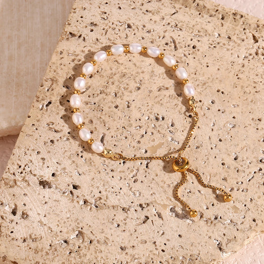 Luckacco E.B.belle Gold Color Beads Freshwater Pearls Mixed Adjustable Stainless Steel Chain Bracelet Bangles For Women Elegant Jewelry