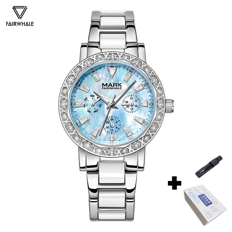 luckacco mark fairwhale dress pink diamond watch for women fashion ceramic chain quartz watch luxury brilliant beimu wristwatch ladies