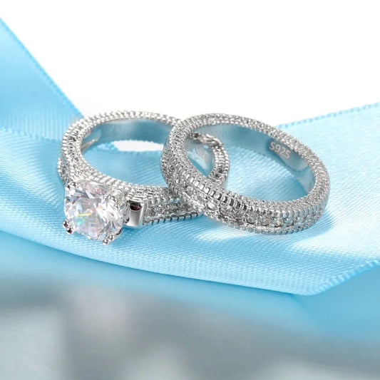 Luckacco Elegant Wedding Engagement Couple Rings Set 925 Sterling Silver Color Anniversary Accessory With Full Shiny Cubiz Zircon Stone