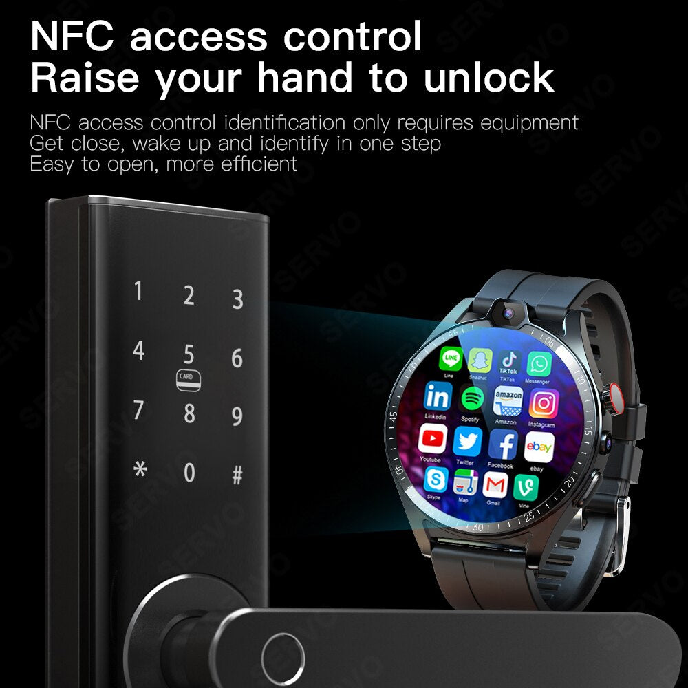 KOM4 4G LTE Smart Watch Men 4GB+64GB Android 8.1 NFC GPS 1.43" HD Screen Dual Camera Google Play SIM Card Waterproof Smartwatch - luckacco