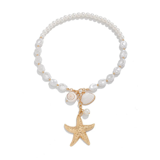 Luckacco Boho Shell Starfish Gold Color Pendant Necklace Women's 2024 Vintage  Pearl Imitation Sweet Girl Fashion Charm Beach Jewelry