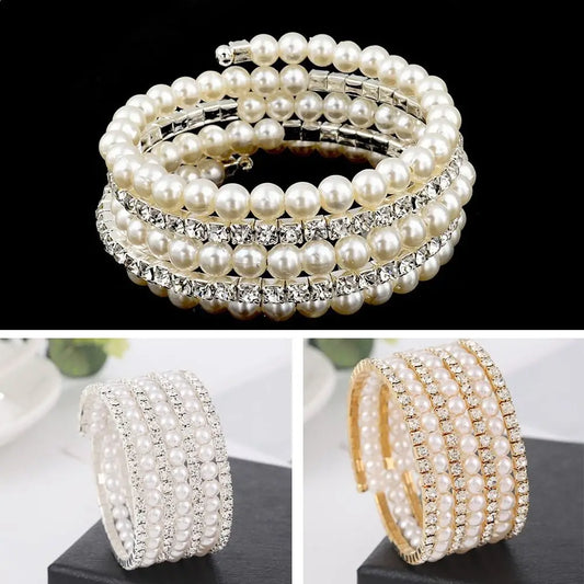 Luckacco Fahsion Crystal Imitation Pearl Bracelets For Women Multi Layer Wide Bracelets Crystal Rhinestones Bracelet Wedding Jewelry Gift