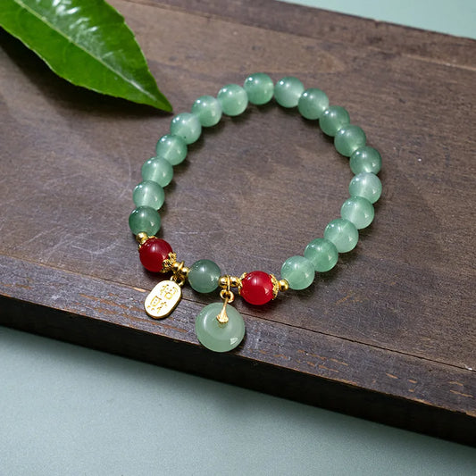 Luckacco Handmade Good Luck Wealth Elastic Beaded Bracelet Imitation Jade Ping An Buckle Lucky Amulet Prayer Bracelets For Women Men Gift