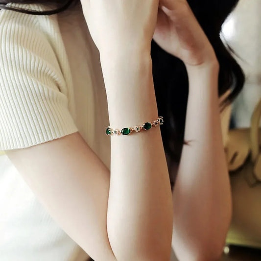 Luckacco Luxury Green Rhinestone Crystal Bracelet Gold Color Link Chain Bracelets For Women Vintage Party Wedding Bridal Jewelry Gifts