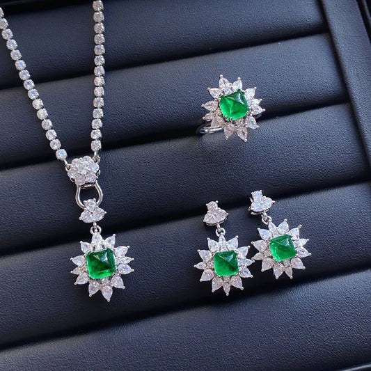 Luckacco Valuable Lab Jade Diamond Jewelry set 925 Sterling Silver Engagement Wedding Rings Earrings Necklace For Women Bridal Party Gift