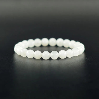 Luckacco Genuine Natural White Jade Bead Bracelet Women Men Round Jades Purify the Soul Stone Elastic Bangle Yoga Meditation Jewelry Gift